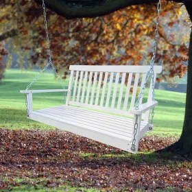 Front Porch Swing with Armrests; Wood Bench Swing with Hanging Chains, White