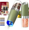 Green Gravity Electric Auto Salt and Pepper Grinder Set with LED Light, Battery Operated, Adjustable Coarseness, Large Capacity