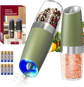 Green Gravity Electric Auto Salt and Pepper Grinder Set with LED Light, Battery Operated, Adjustable Coarseness, Large Capacity