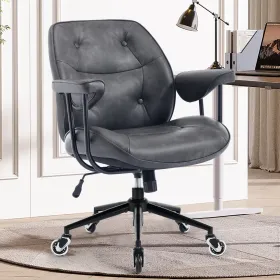 Home Office Desk Chair Retro Faux Leather Chair with Lumbar Support &Rubber Wheels, Mid Back Ergonomic Computer Chair Swivel