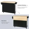 Kitchen Cart with Rubber wood Drop-Leaf Countertop ,Cabinet door internal storage racks, 5 Wheels, Black