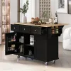 Kitchen Cart with Rubber wood Drop-Leaf Countertop ,Cabinet door internal storage racks, 5 Wheels, Black