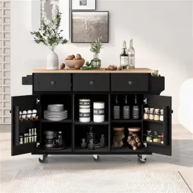 Kitchen Cart with Rubber wood Drop-Leaf Countertop ,Cabinet door internal storage racks, 5 Wheels, Black