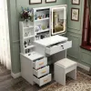 Makeup Vanity Desk with LED Lighted Mirror and Makeup Stool & 4 Drawers