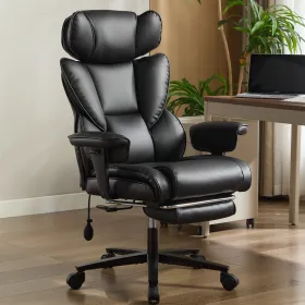 Office Chair with Foot Rest Waist Lumber Support, Ergonomic Adjustable Height Headrest, High-Back Leather, Black