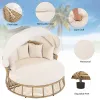 Outdoor Patio Rattan Round Daybed with Retractable Canopy, Wicker Furniture Round Poolside Sofa Sunbed with Removable Cushions