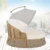 Outdoor Patio Rattan Round Daybed with Retractable Canopy, Wicker Furniture Round Poolside Sofa Sunbed with Removable Cushions