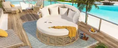 Outdoor Patio Rattan Round Daybed with Retractable Canopy, Wicker Furniture Round Poolside Sofa Sunbed with Removable Cushions