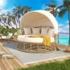 Outdoor Patio Rattan Round Daybed with Retractable Canopy, Wicker Furniture Round Poolside Sofa Sunbed with Removable Cushions