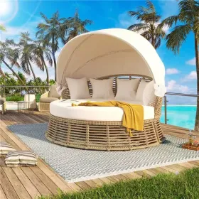 Outdoor Patio Rattan Round Daybed with Retractable Canopy, Wicker Furniture Round Poolside Sofa Sunbed with Removable Cushions