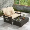 Beige Outdoor Wicker Daybed with Folding Panels and Storage Ottoman