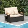 Beige Outdoor Wicker Daybed with Folding Panels and Storage Ottoman