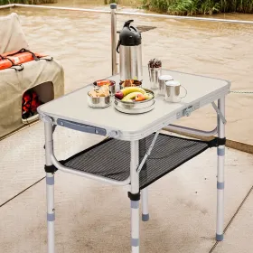 Portable Adjustable Height Folding Table with Mesh Storage Shelf – Lightweight Aluminum Camping Table, 2 Height Settings
