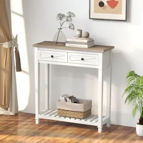 White Console Table for Entryway with 2 Drawers, 30 Inch Long Entryway Table, Handmade Metal Handles