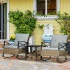 Rocking Bistro Set 3PC Wicker Outdoor Furniture with Rocker Chairs Cushions Coffee Table Light Grey