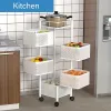 Rotating Kitchen Storage Shelf 5 Tier, White Metal Fruit Vegetable Storage Basket Multi-Layer Vegetable Rack Storage Trolley on Wheels