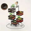 Rotating Kitchen Storage Shelf 5 Tier, White Metal Fruit Vegetable Storage Basket Multi-Layer Vegetable Rack Storage Trolley on Wheels