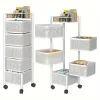 Rotating Kitchen Storage Shelf 5 Tier, White Metal Fruit Vegetable Storage Basket Multi-Layer Vegetable Rack Storage Trolley on Wheels