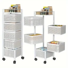 Rotating Kitchen Storage Shelf 5 Tier, White Metal Fruit Vegetable Storage Basket Multi-Layer Vegetable Rack Storage Trolley on Wheels