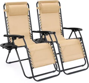 Set of 2 Zero Gravity Lounge Chairs, Outdoor Patio Folding Recliners, Khaki