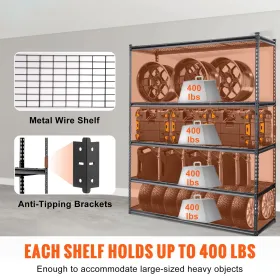 60"Lx24"Wx78"H. 5-Tier Adjustable, 2000 lbs Capacity, Heavy Duty Garage Shelves Metal Organizer Wire Rack, Black