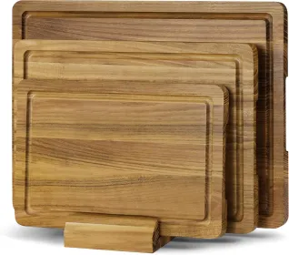 Teak Cutting Board Set for Kitchen, 3 Pack Teak Wood Chopping Boards with Holder & Deep Juice Groove Solid Wooden Hardwood Boards(S, M, L)