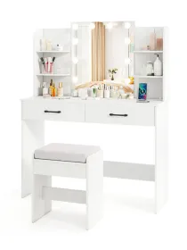 White Vanity Set with Lighted Mirror and Stool with Power Outlet