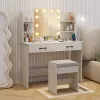 White Vanity Set with Lighted Mirror and Stool with Power Outlet