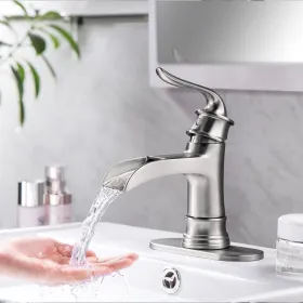 Waterfall Spout Bathroom Faucet,Single Handle Single Hole with Pop Up Drain,Brushed Nickel