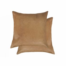 Set of Two 18" Tan Cowhide Throw Pillows (Color: Tan)