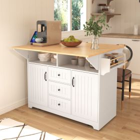 55.7" Large Kitchen Island with 2 Drop Leaf,Rolling Kitchen Cart on 5 Wheels with Power Outlet, Folding Storage Dining Table with Spice & Towel Rack (Color: White, Material: MDF)
